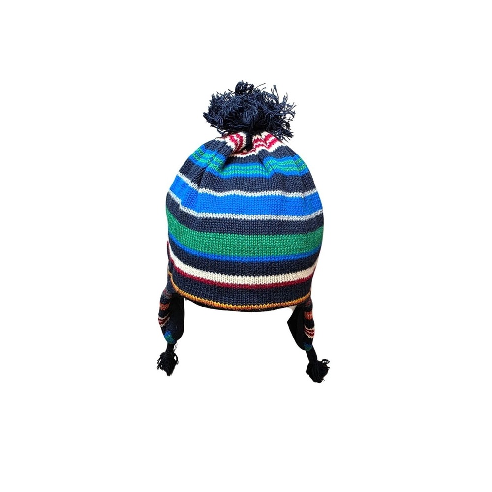 Gap Kids Winter Street Striped Knit Pom-Pom Hat Earflaps & Fleece Lining S/M